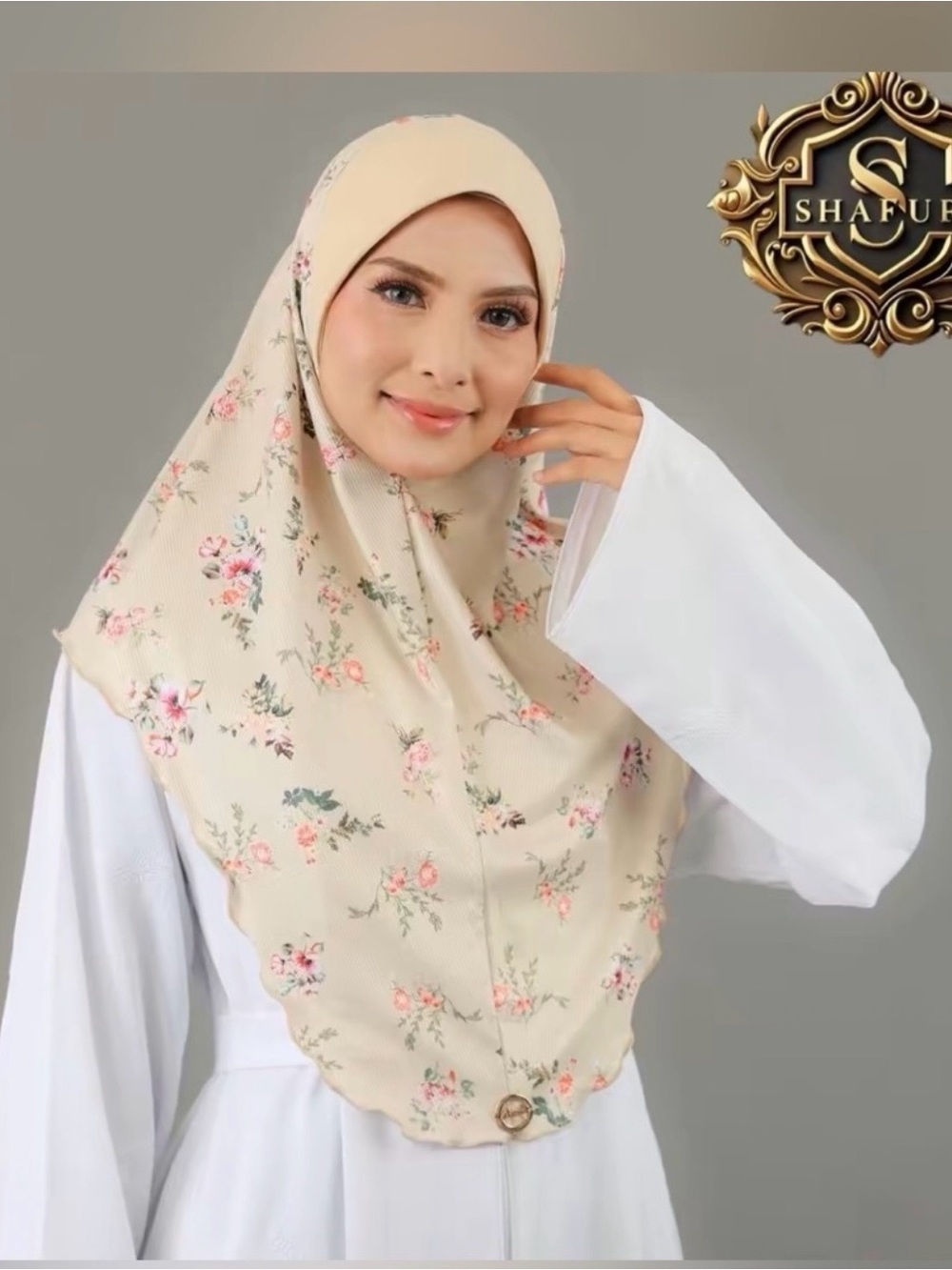 Ivory Floral-Print Women's Hijab